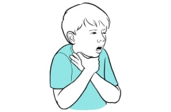 Child grabbing at their throat with both hands while choking.