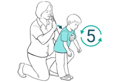 Adult kneeling behind child, supporting chest with one hand and the other hand raised above child's back and arrow pointing toward child's back.