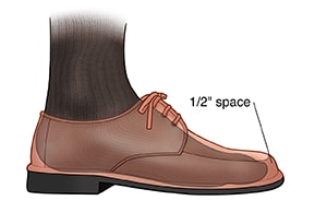 Side view of man’s foot in lace-up shoe, showing half an inch of space at end of shoe.