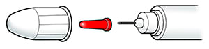 Closeup of standard injection pen tip showing outer cap, inner needle cap, and needle.
