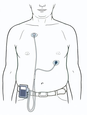 Person's torso, showing two ECG leads attached to chest and connected to event monitor clipped to belt.