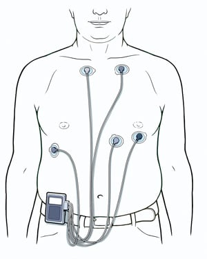 Person's torso, showing five ECG leads attached to chest and connected to Holter monitor clipped to belt.